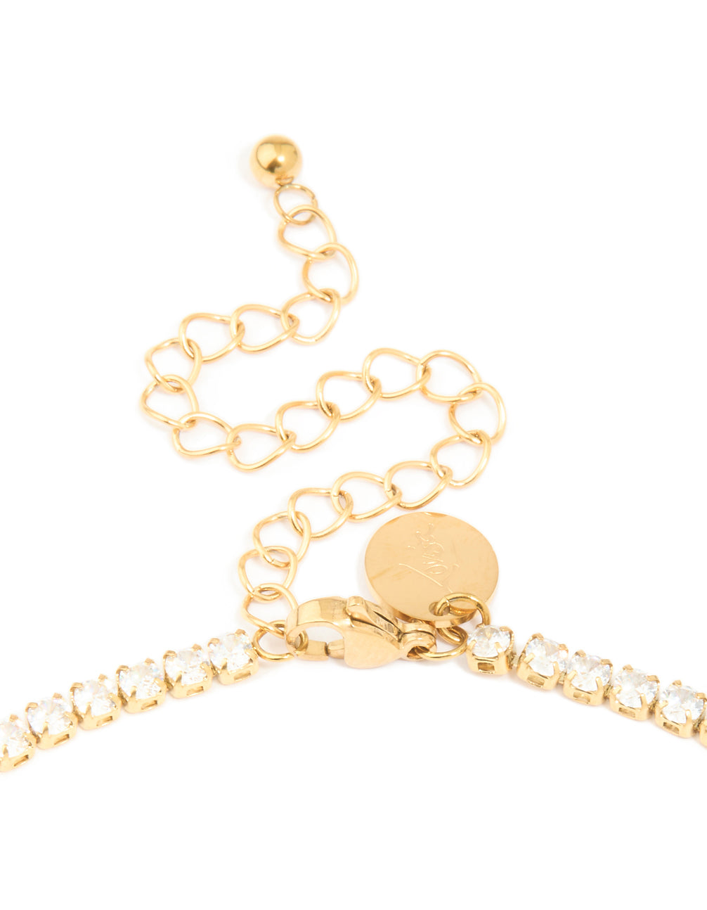Featuring waterproof gold plated stainless steel cubic zirconia tennis necklace clasp detail view