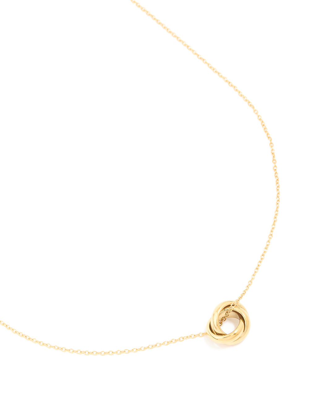 Featuring a waterproof looped pendant necklace in gold plated stainless steel close up view