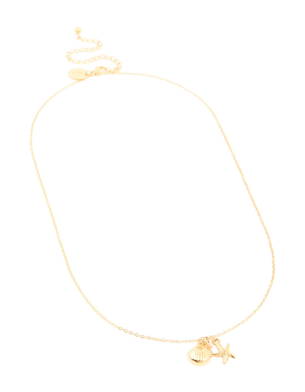 Crafted from waterproof gold plated stainless steel ocean charm pendant with shell in dainty necklace front view