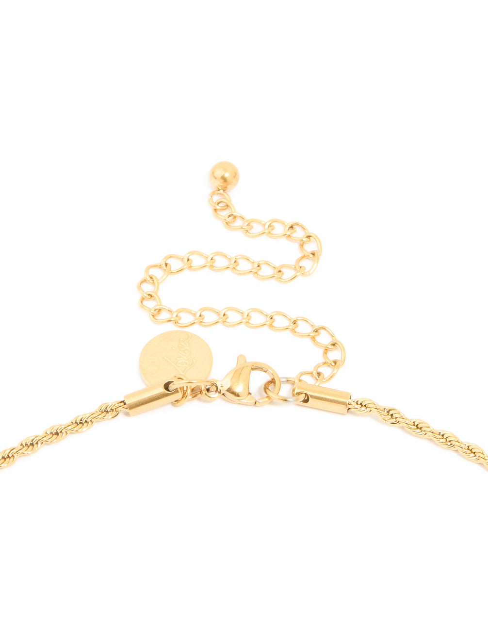 Highlighting waterproof gold plated stainless steel cubic zirconia celestial etched tab necklace in dainty style clasp detail view