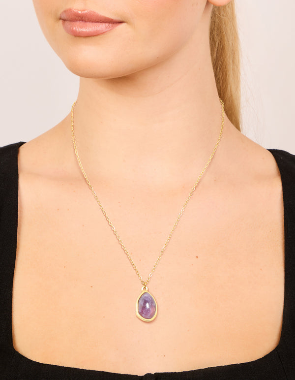 Waterproof Gold Plated Stainless Steel Amethyst Semi Precious Stone Pendant Necklace