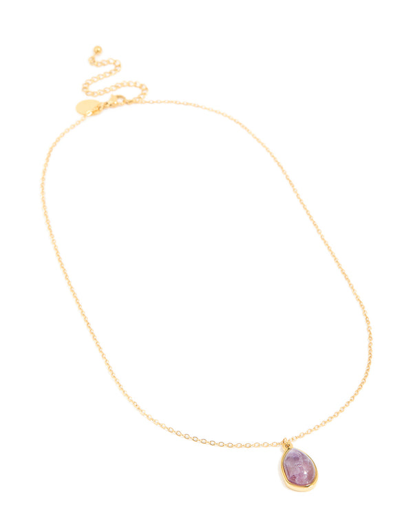 Waterproof Gold Plated Stainless Steel Amethyst Semi Precious Stone Pendant Necklace