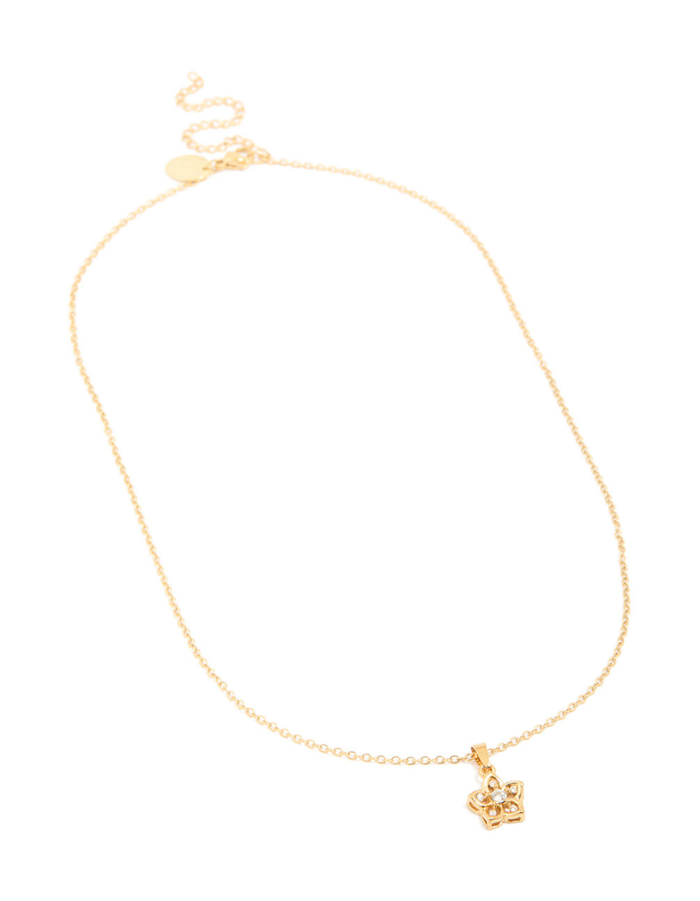 Stunning waterproof gold plated stainless steel cubic zirconia flower outline pendant necklace front view