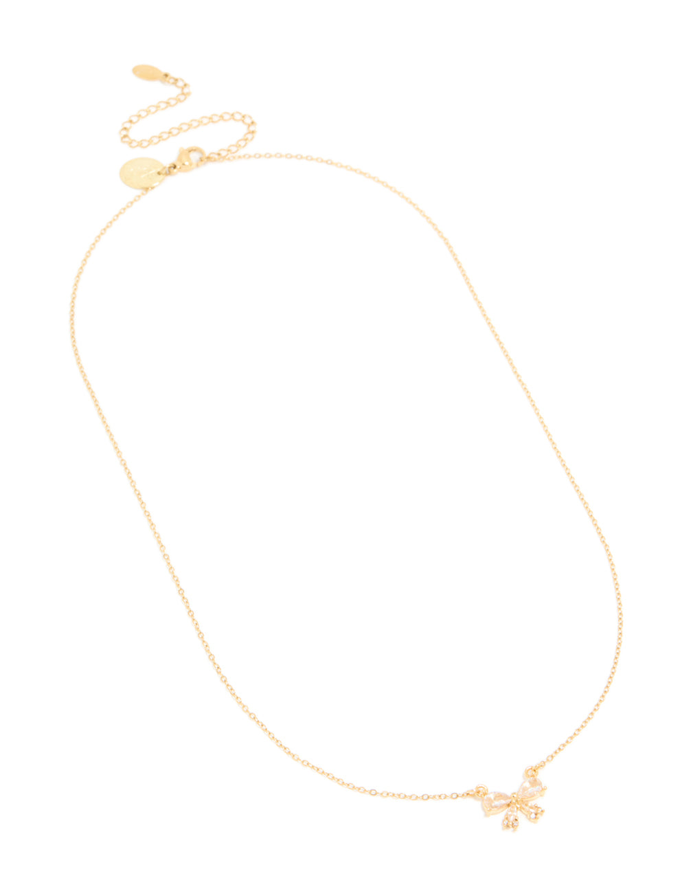 Beautiful waterproof bow pendant necklace made from stainless steel featuring cubic zirconia in gold plated finish front view
