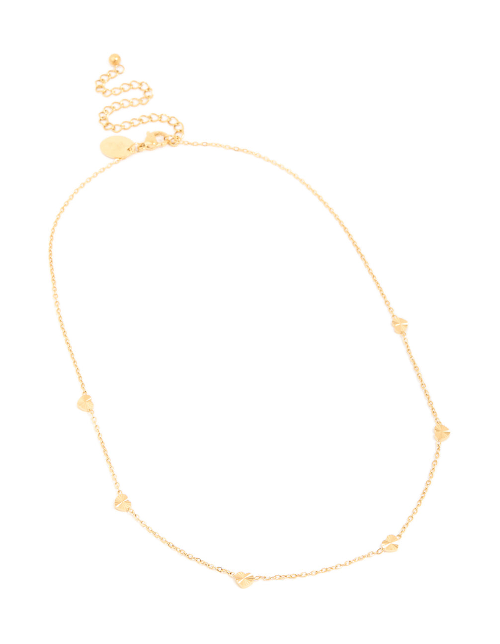 Showcasing a waterproof gold plated stainless steel micro hearts necklace in dainty design front view