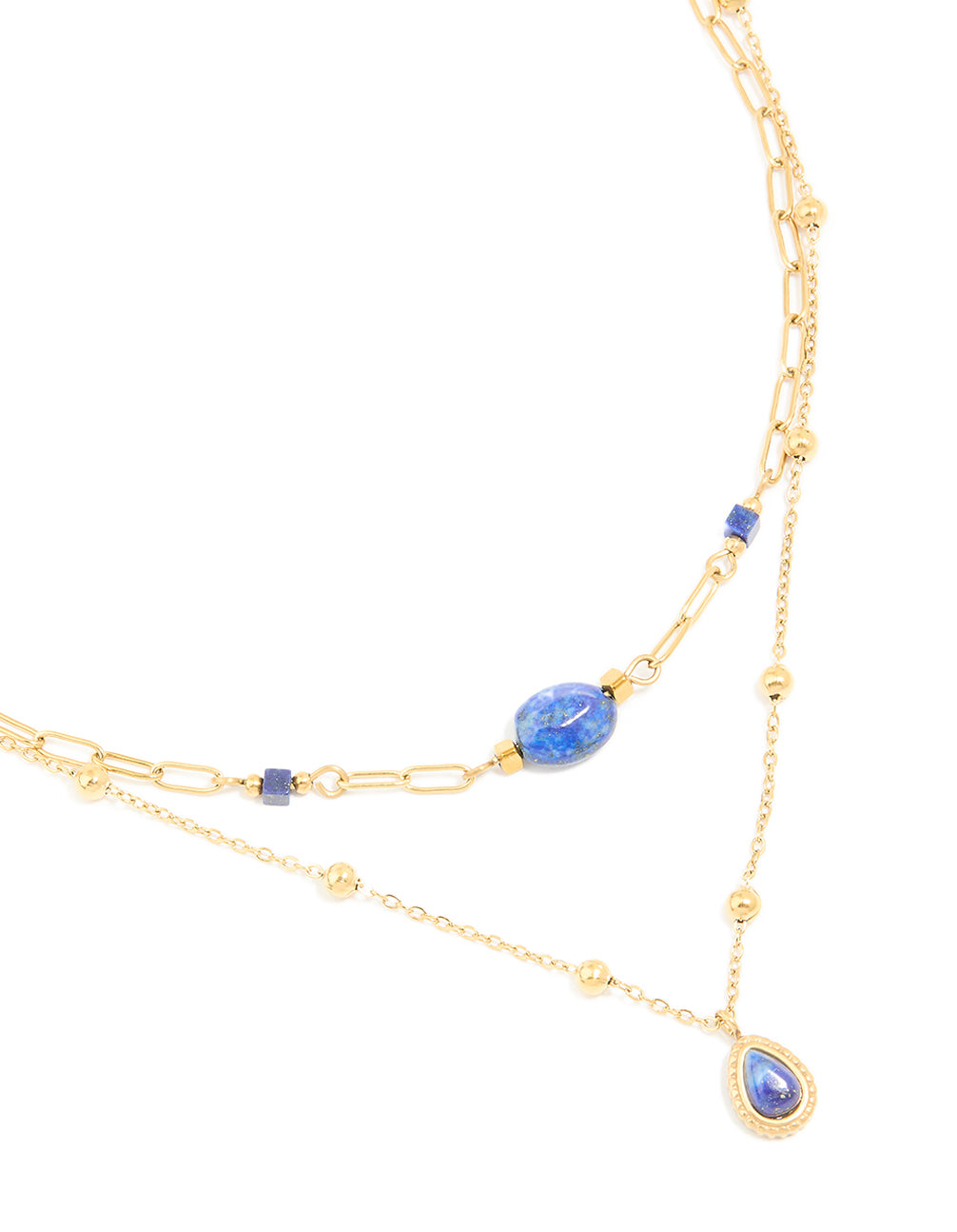 Showcasing a waterproof layered necklace with beads, lapis lazuli stones, crafted from gold plated stainless steel in a statement style close up view