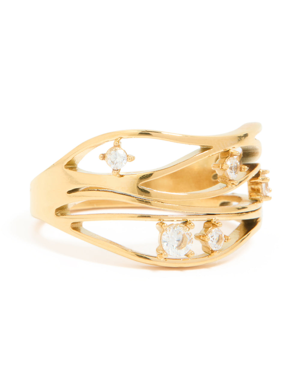 Waterproof Gold Plated Stainless Steel Cubic Zirconia Multi Waves Ring