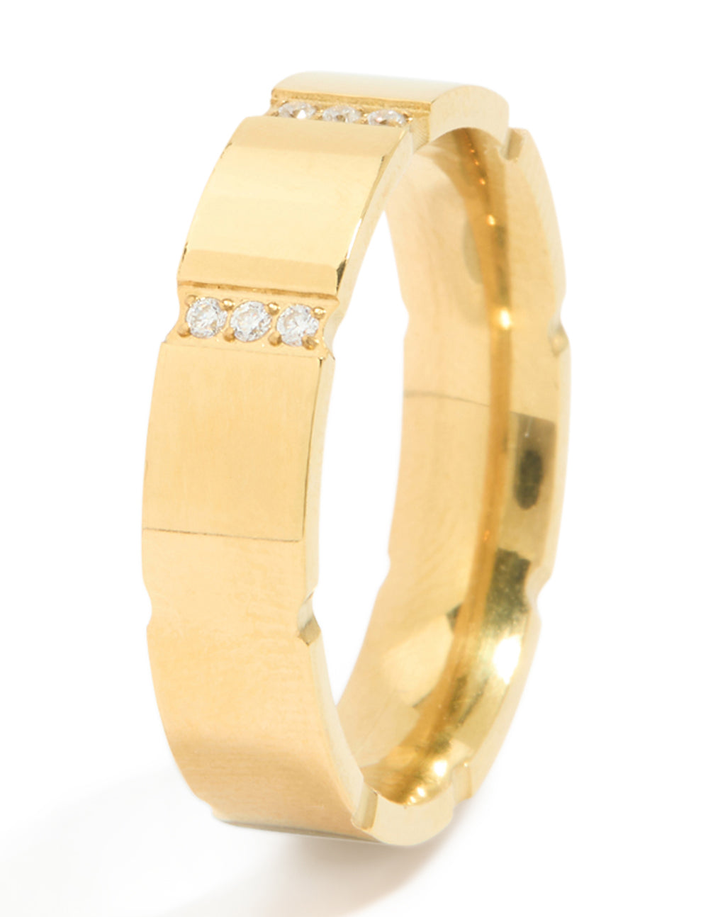 Beautifully crafted waterproof gold plated stainless steel cubic zirconia trio stripe ring side detail view