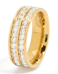 Waterproof Gold Plated Stainless Steel Square Cubic Zirconia Double Layered Ring - link has visual effect only