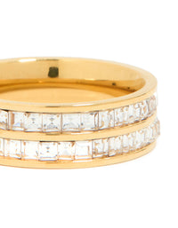 Waterproof Gold Plated Stainless Steel Square Cubic Zirconia Double Layered Ring - link has visual effect only