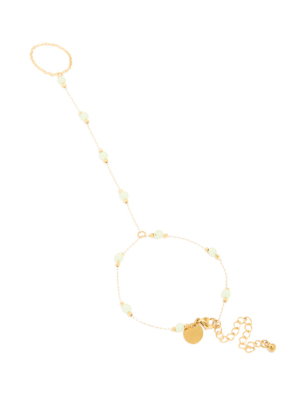 Waterproof Gold Plated Stainless Steel Green Jade Semi Precious Stone Hand Chain