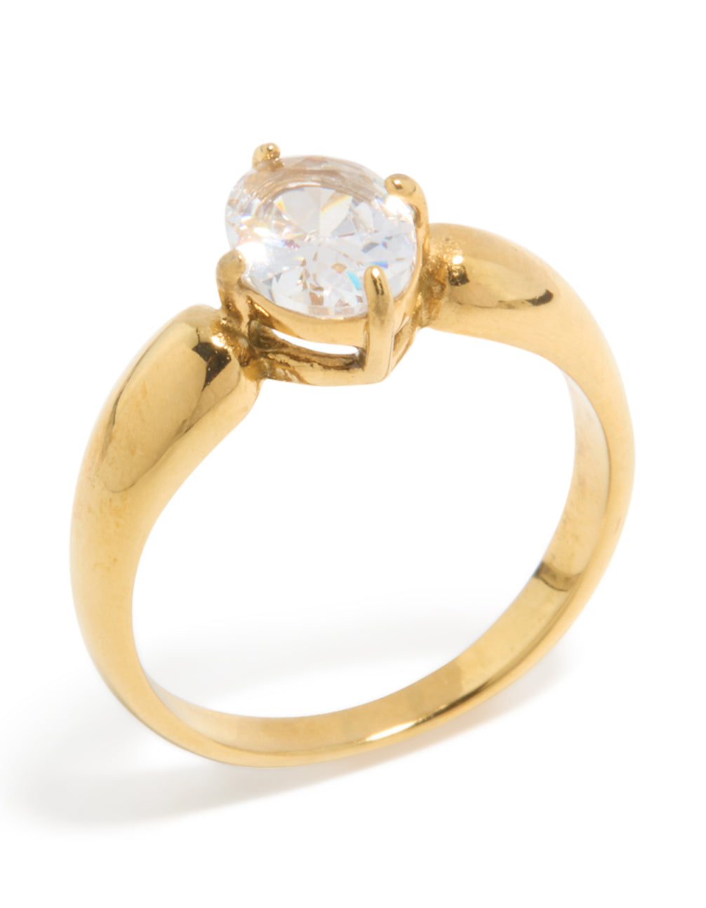 Designed with waterproof thick gold plated stainless steel and cubic zirconia in an oval cut, statement ring side detail view