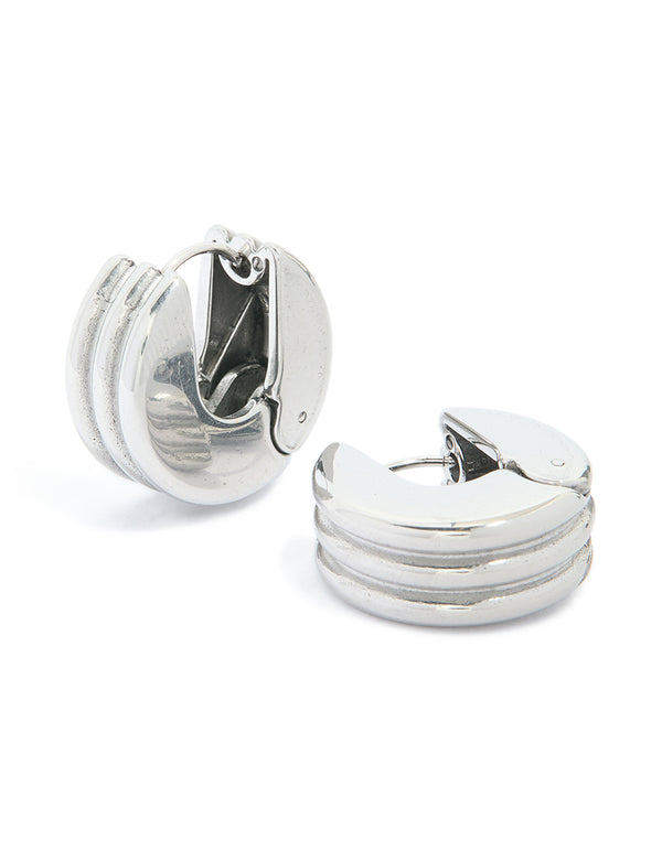 Waterproof Stainless Steel Ribbed Circle Hinged Hoop Earrings