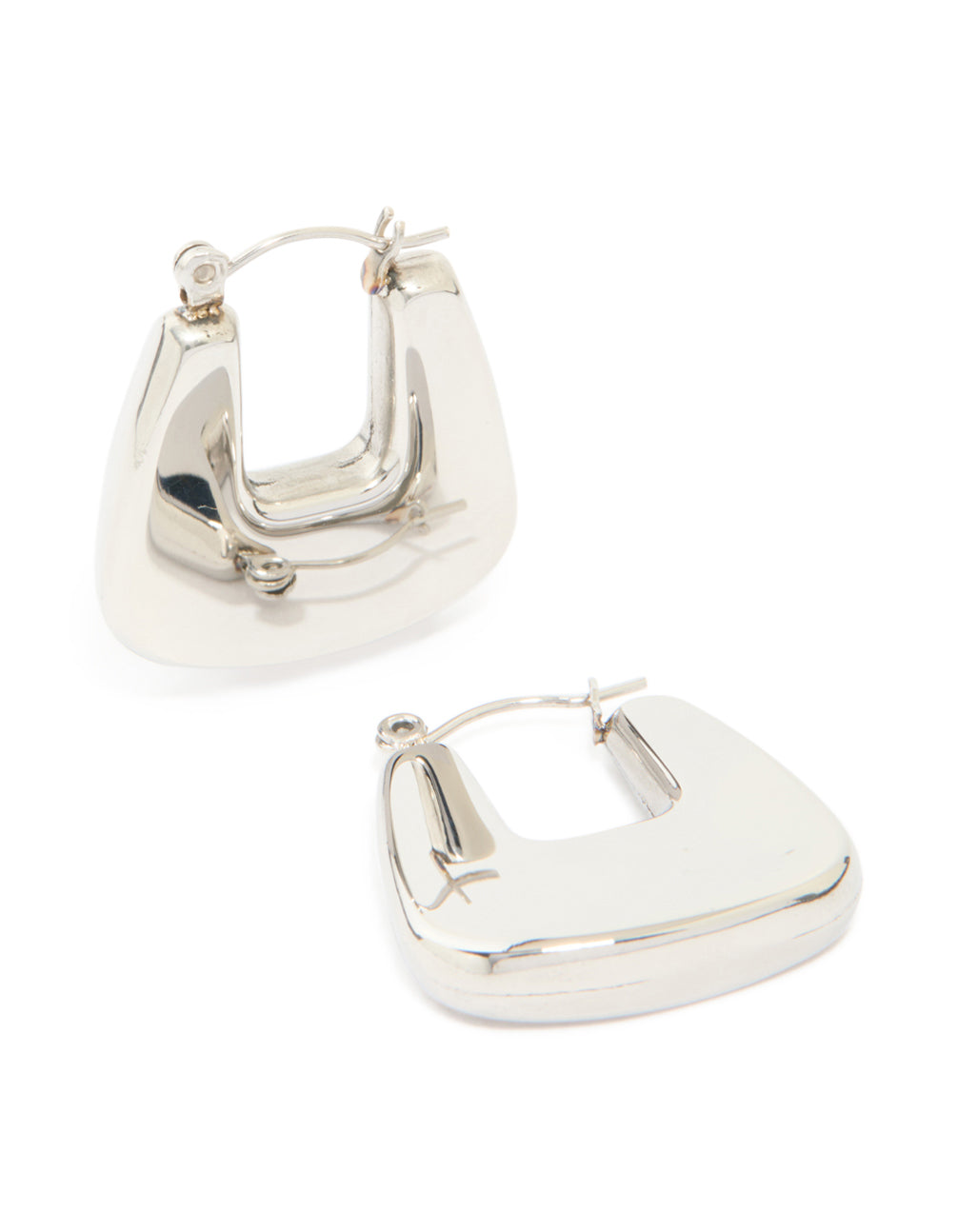 Showcasing waterproof stainless steel rounded square hoop earrings in silver front view