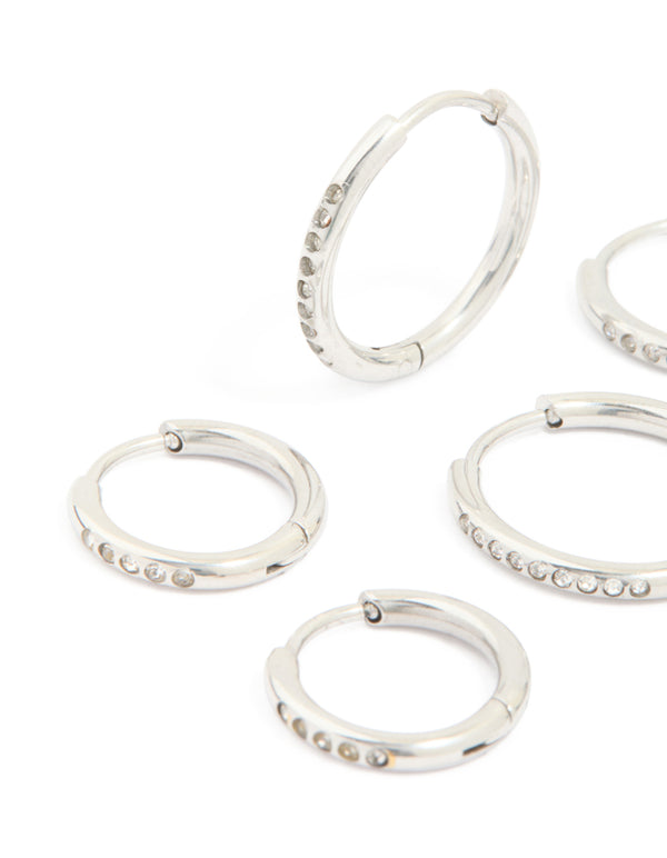 Highlighting waterproof stainless steel cubic zirconia clicker hoop earring pack in silver close up view