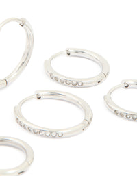 Presenting waterproof stainless steel cubic zirconia clicker hoop earring pack in silver post detail view - link has visual effect only
