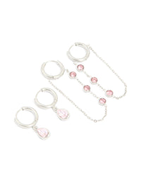 Waterproof Stainless Steel Pink Cubic Zirconia Chain Droplet & Classic Huggie Earrings 2-Pack - link has visual effect only