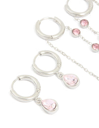 Waterproof Stainless Steel Pink Cubic Zirconia Chain Droplet & Classic Huggie Earrings 2-Pack - link has visual effect only