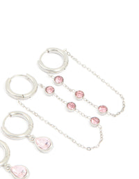 Waterproof Stainless Steel Pink Cubic Zirconia Chain Droplet & Classic Huggie Earrings 2-Pack - link has visual effect only