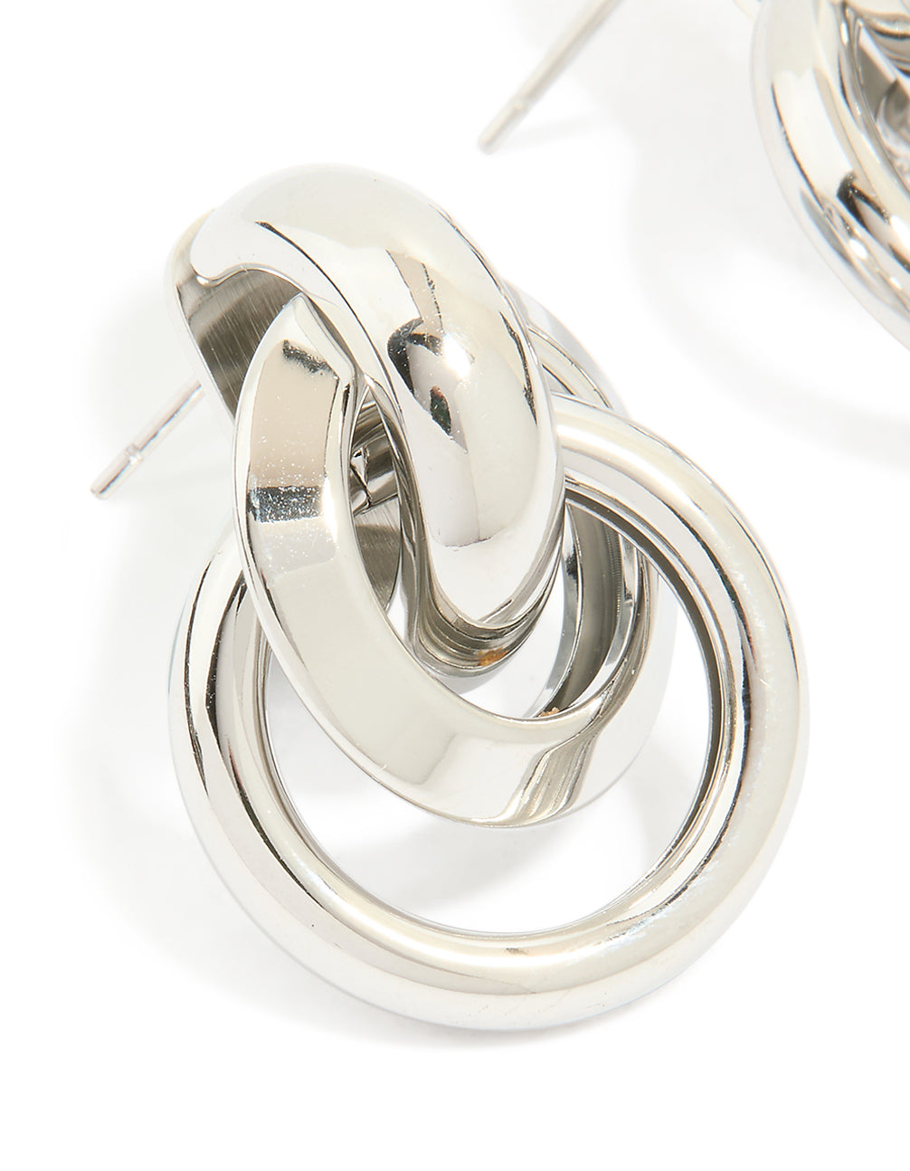 Revealing waterproof stainless steel knotted link drop earrings in silver close up view