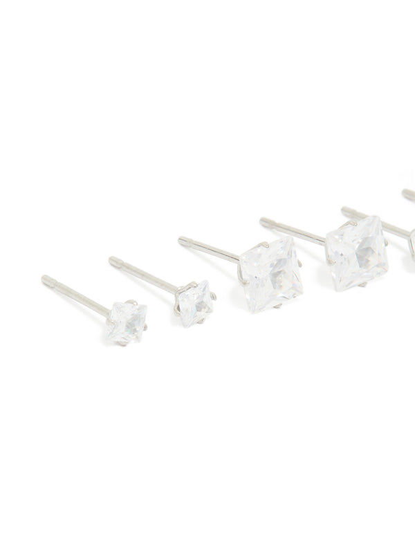 Waterproof Stainless Steel Cubic Zirconia Square Stud Earrings 3-Pack
