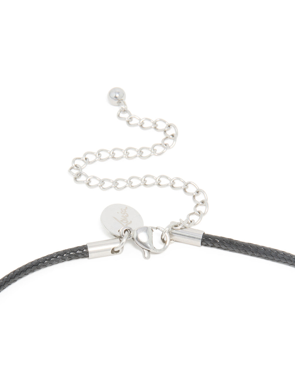 Featuring a waterproof stainless steel organic pendant necklace with black cord and silver closure clasp detail view