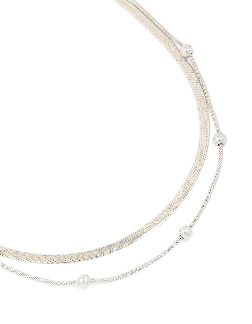 Discover this waterproof stainless steel snake chain and ball charm layered necklace in silver with statement style close up view