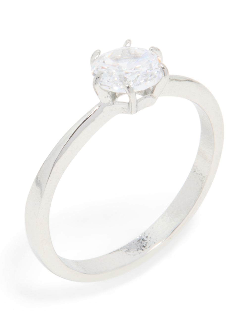 Presenting a waterproof stainless steel diamante solitaire band ring in silver and clear stone with statement details close up view