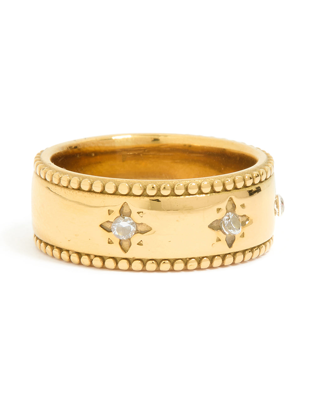 Crafted from waterproof gold plated stainless steel, this thick band ring features celestial star and cubic zirconia front view