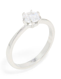 Featuring waterproof stainless steel construction, this diamante solitaire band ring in silver and clear stone with statement styling front view - link has visual effect only