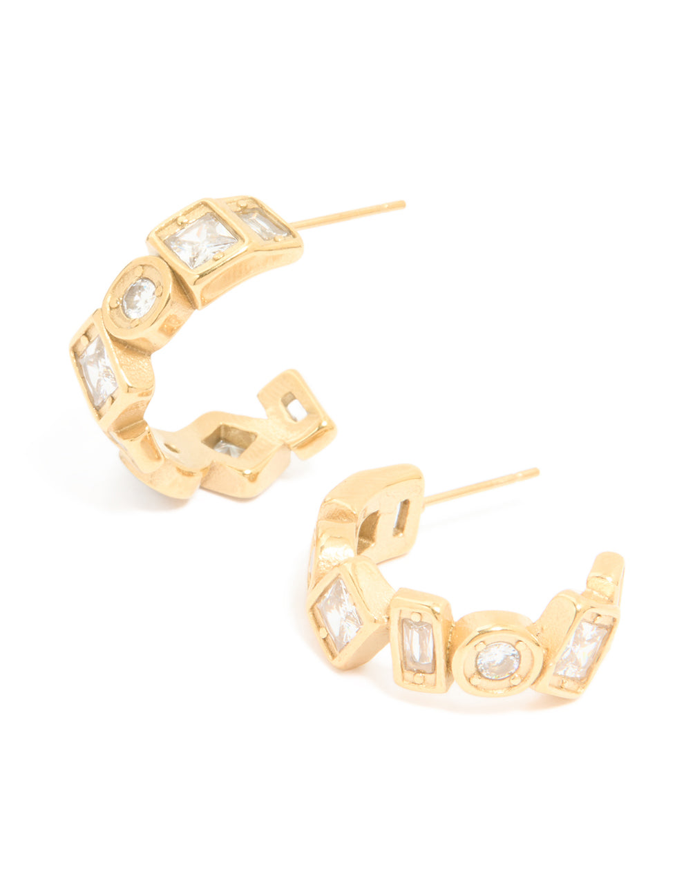 Waterproof Gold Plated Stainless Steel Cubic Zirconia Mixed Cut Hoop Earrings