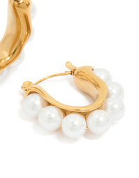 Waterproof Gold Plated Stainless Steel Pearl Puffy Hoop Earrings - link has visual effect only