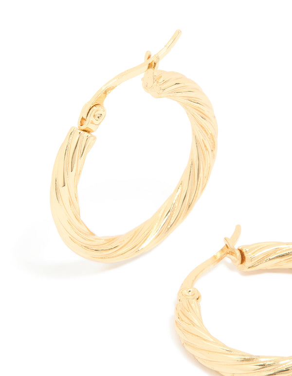 Waterproof Gold Plated Stainless Steel Twisted Medium Hoop Earrings