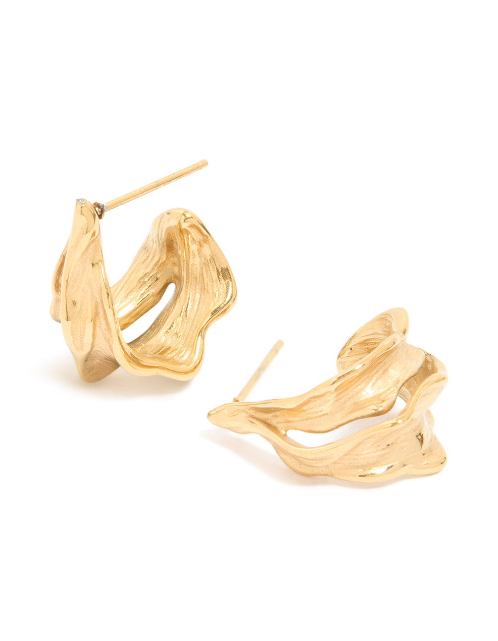 Waterproof gold plated stainless steel molten effect hoop earrings in gold front view