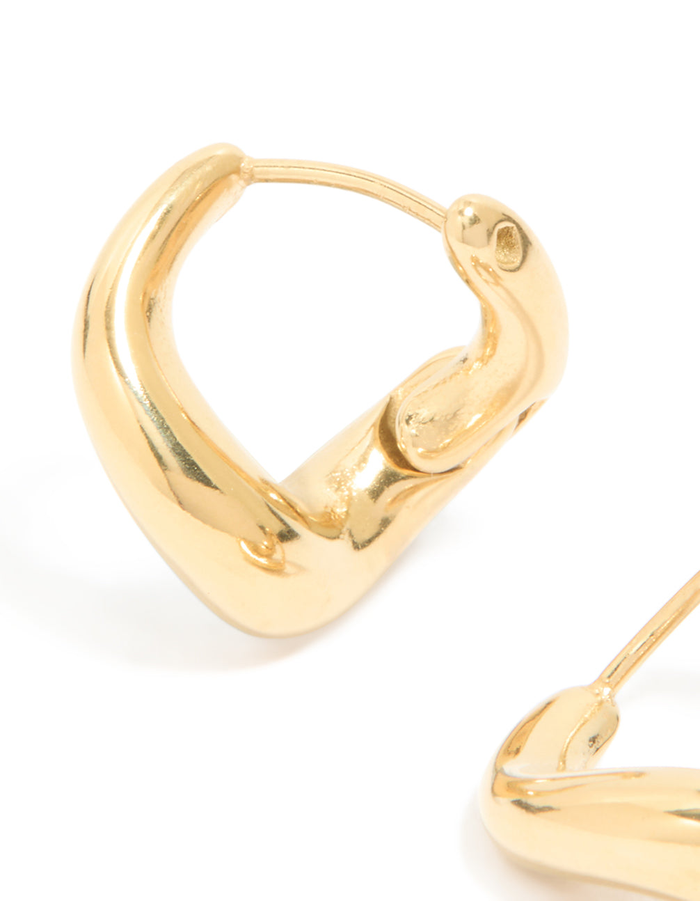 Displaying waterproof gold plated stainless steel bendy metal hoop earrings close up view