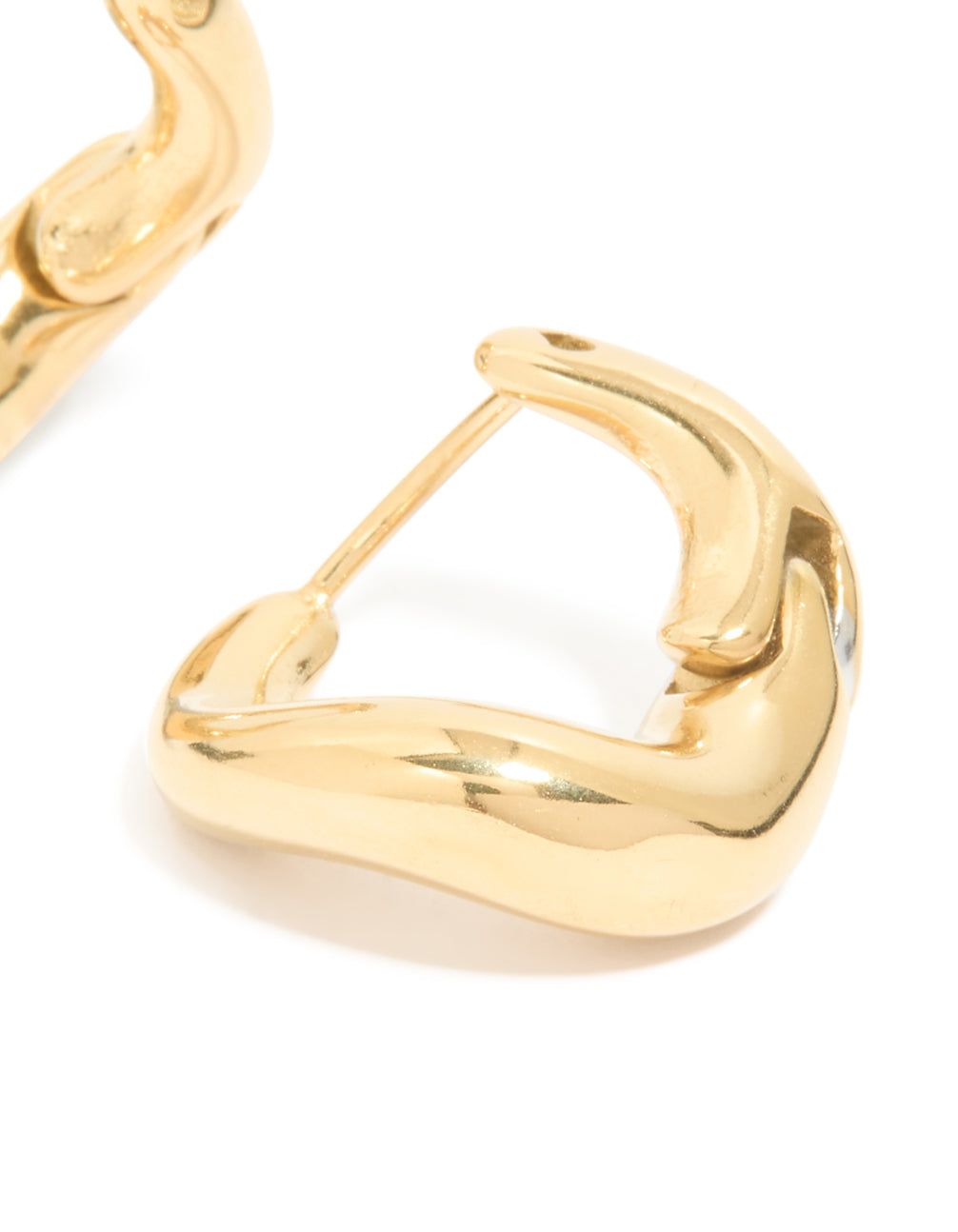 Presenting waterproof gold plated stainless steel bendy metal hoop earrings post detail view