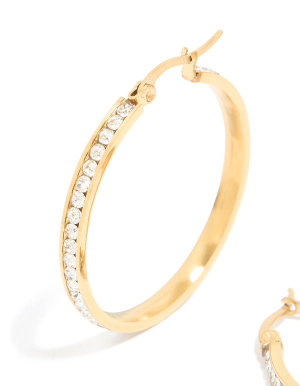 Waterproof Gold Plated Stainless Steel Diamante Hoop Earrings 35 MM