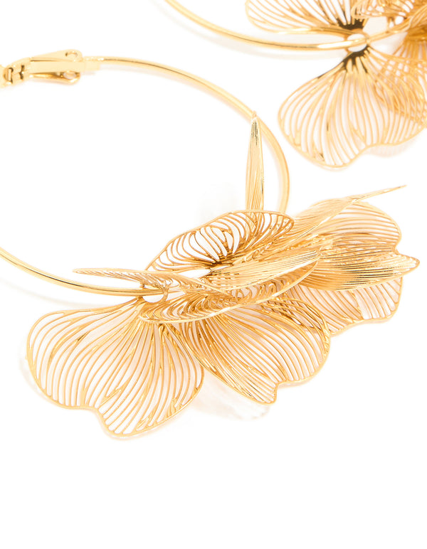 Waterproof Gold Plated Stainless SteelEtched Flower Hoop Earrings