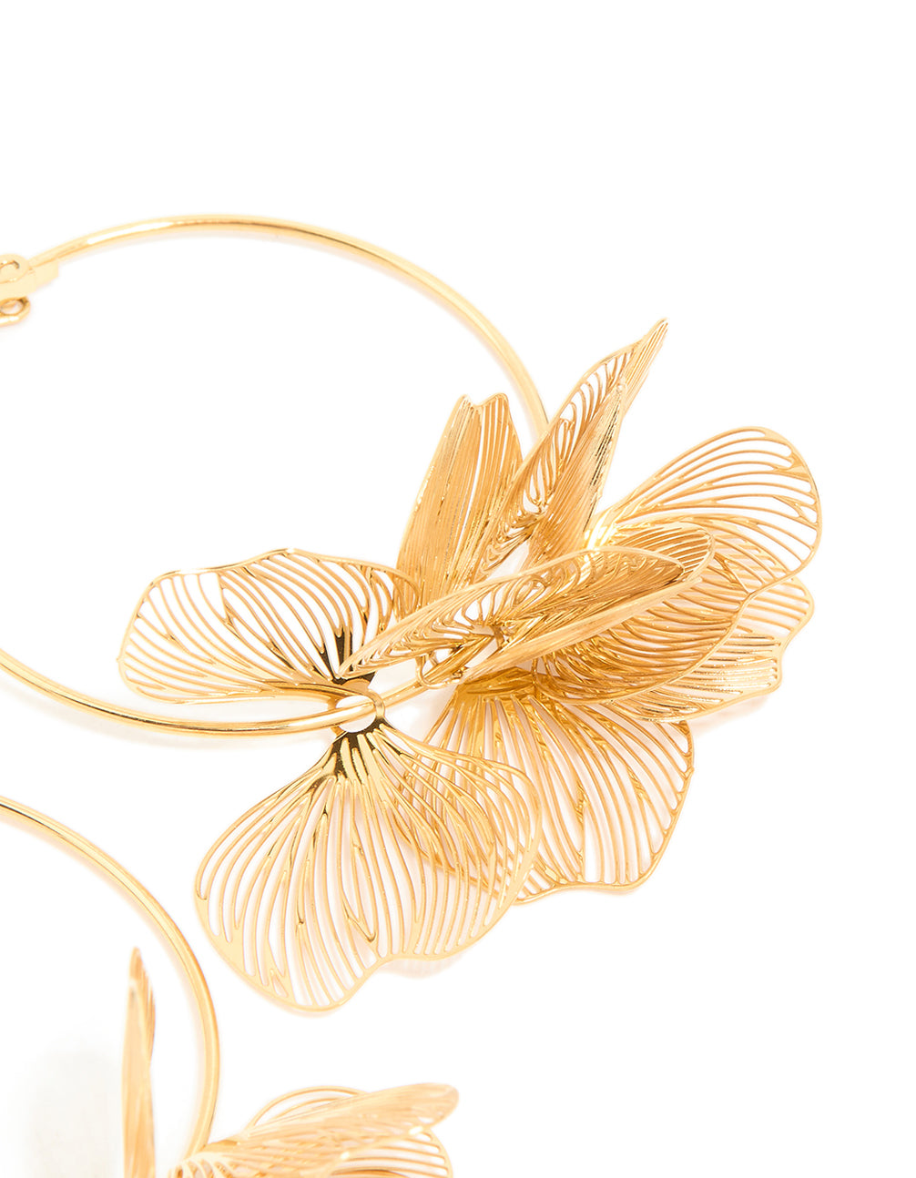 Designed with waterproof gold plated stainless steel etched flower hoop earrings post detail view