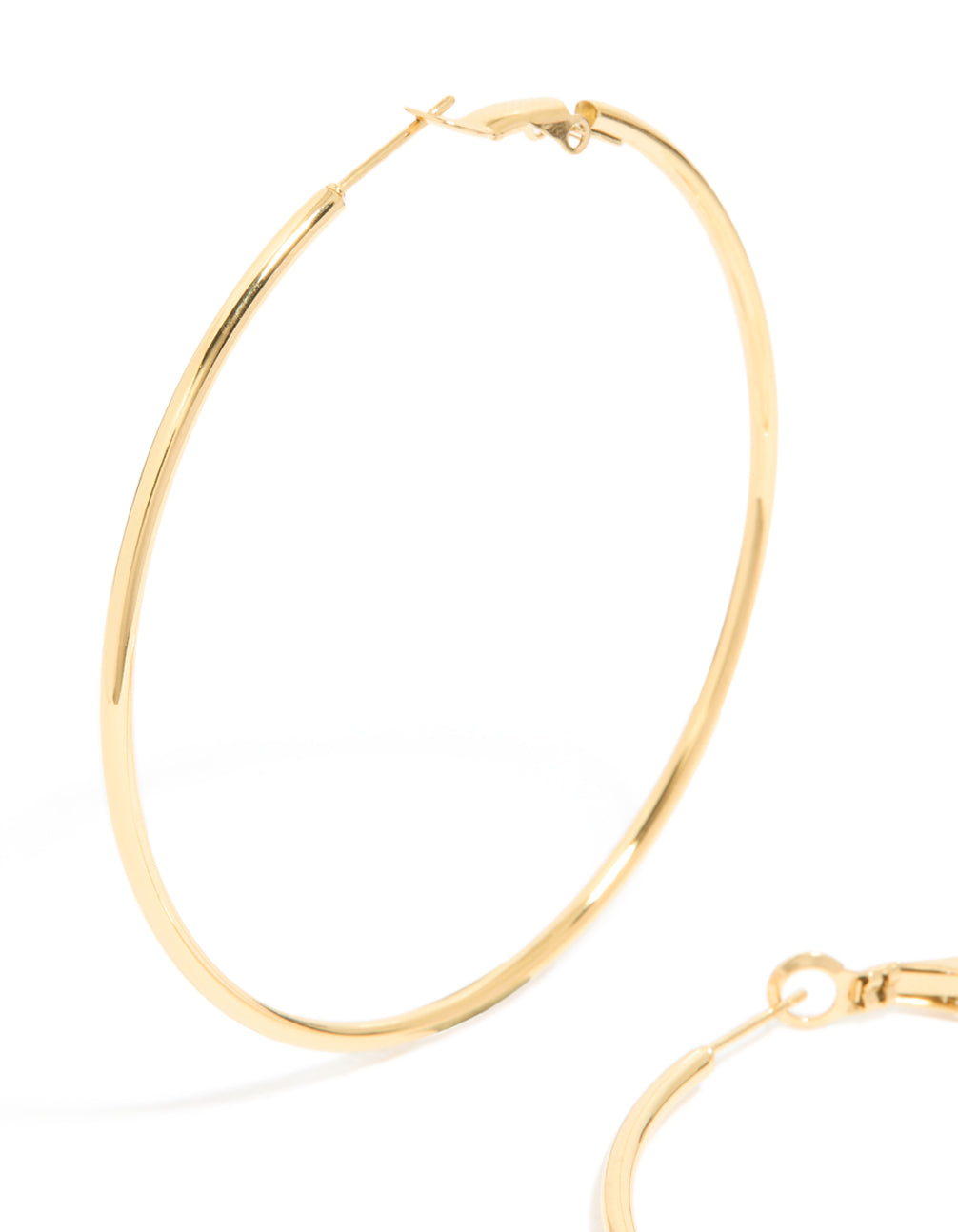 Crafted from waterproof gold plated stainless steel hoop earrings in 55 MM size close up view