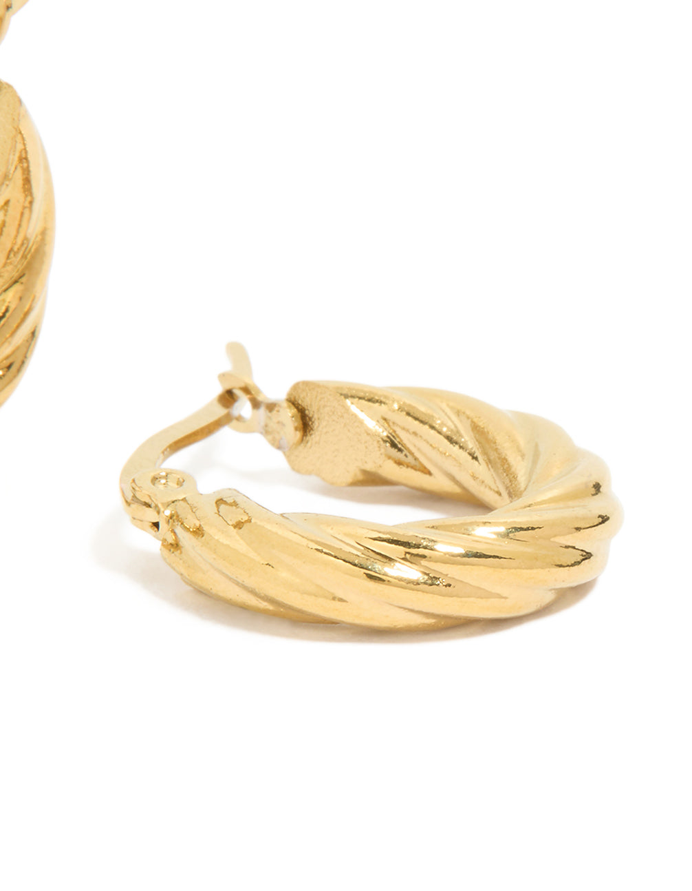 Highlighting waterproof gold plated stainless steel twist hoop earrings post detail view