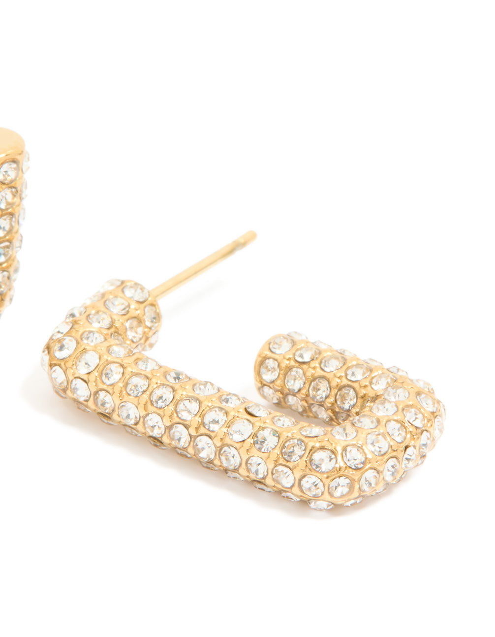 Crafted from waterproof stainless steel, these diamante pavé rectangle hoop earrings feature gold plated post detail view