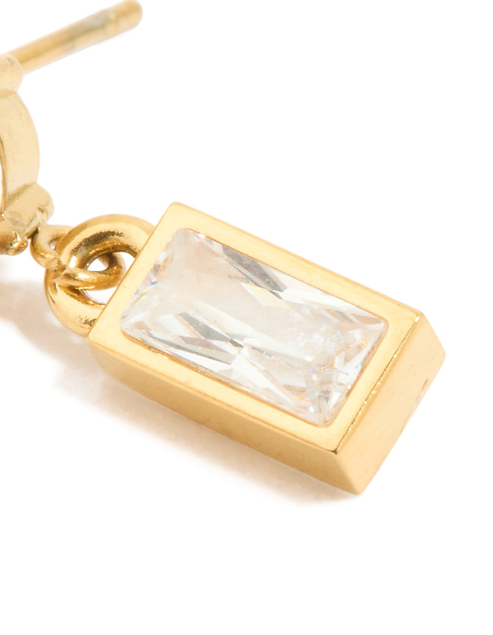 Capturing waterproof drop earrings in stainless steel with baguette stone cut cubic zirconia and gold plated finish post detail view