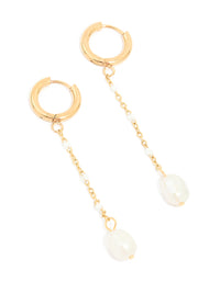 Waterproof Gold Plated Stainless Steel Single Pearl Chain Huggie Earrings - link has visual effect only