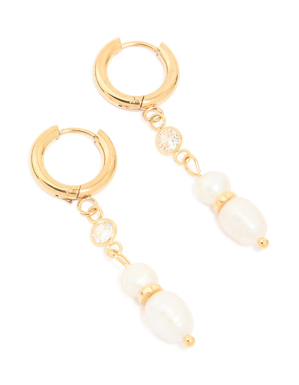Waterproof Gold Plated Stainless Steel Diamante & Pearl Chain Huggie Earrings