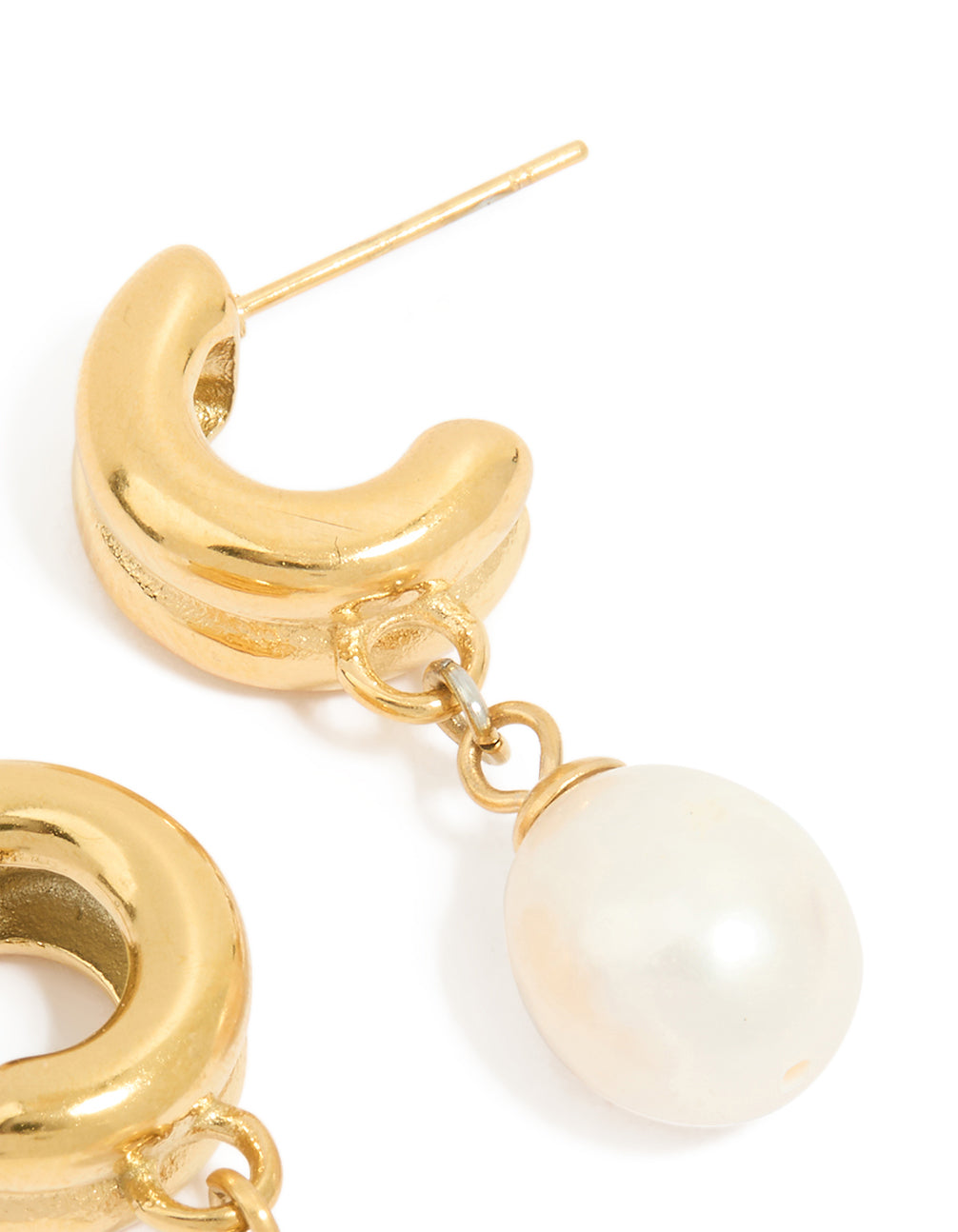 Crafted from waterproof gold plated stainless steel pearl chunky drop earrings post detail view