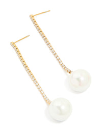 Waterproof Gold Plated Stainless Steel Pearl Diamante Cup Chain Drop Earrings - link has visual effect only
