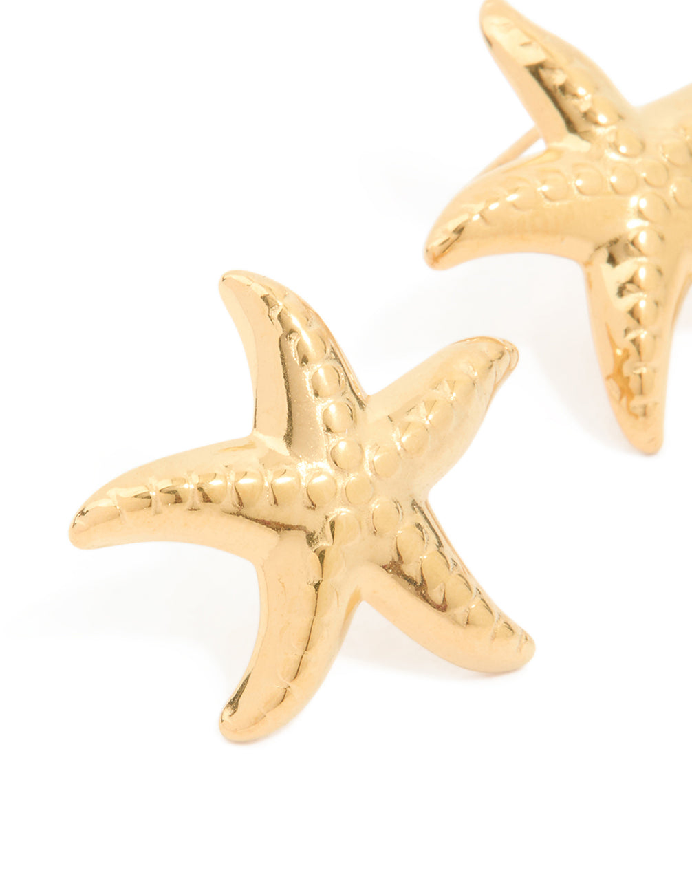 Displaying waterproof starfish stud earrings in gold plated stainless steel with textured ocean detail close up view