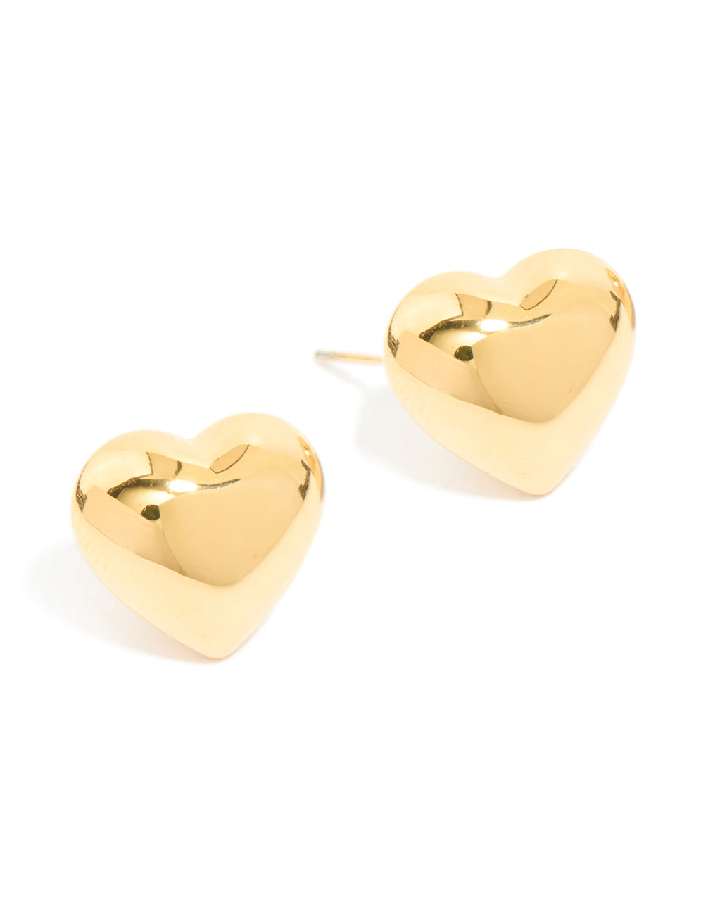 Showcasing puffy heart stud earrings in waterproof gold plated stainless steel front view