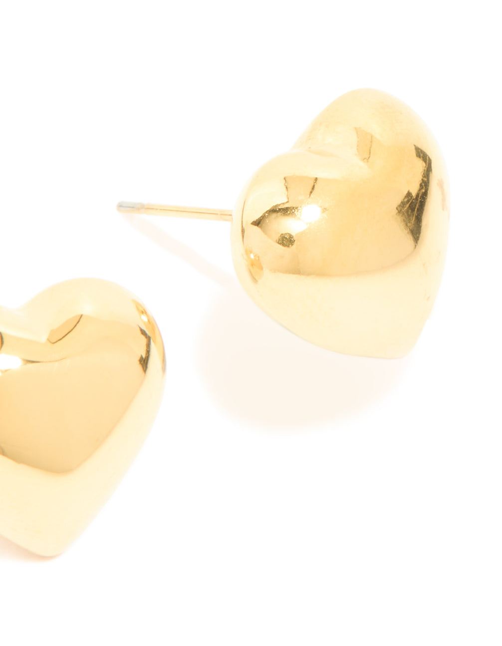 Designed with waterproof gold plated stainless steel puffy heart stud earrings post detail view